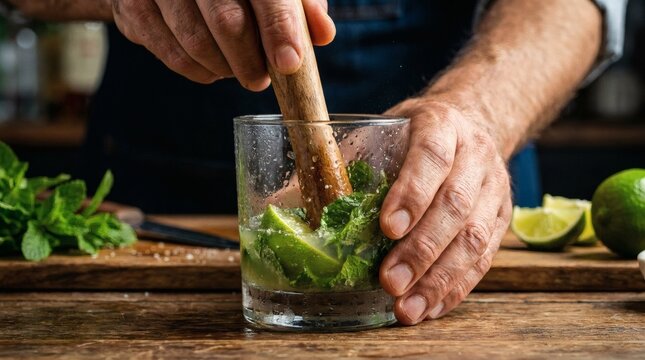 Close-up of hands muddling fresh lime and mint in a cocktail glass with a wooden muddler to prepare a mojito drink.