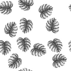 seamless pattern silhouette monstera leaf hand drawn. line vector, texture jungle, plant green silhouette monstera leaf black sketch illustration © PikePicture