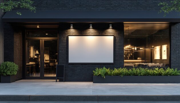 Modern Restaurant Exterior with Blank Billboard and Elegant Outdoor Seating Areas Near Street View in Urban Setting