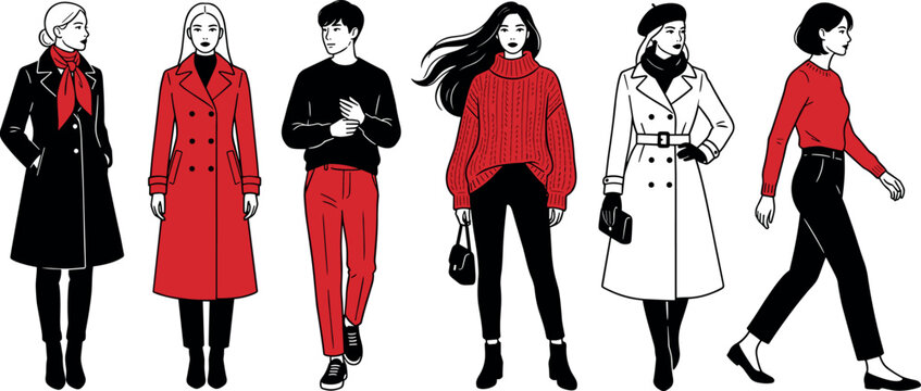 Vector fashion people character set featuring collection of stylish young men and women wearing modern red and black autumn outfits isolated on white background