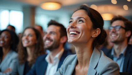 Obraz premium Diverse group watches attentively, smiling. Professionals at a conference enjoy a lively presentation. People engage, learn, and share positive emotions in a corporate meeting setting.