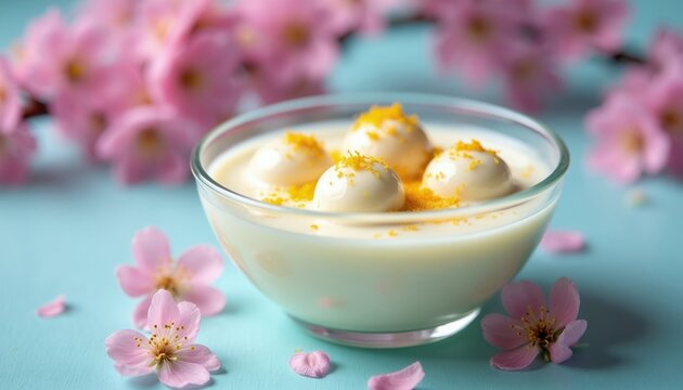 Ras malai dessert in glass bowl with orange zest topping. Sweet milky cream sauce surrounds soft cheese balls. Pink cherry blossoms frame pastel blue table.