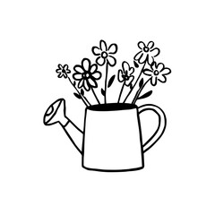 Watering can with flowers icon logo design. Garden watering pot sign and symbol. Flowers in watering can icon. Gardening tool for planting and spring. © Salma