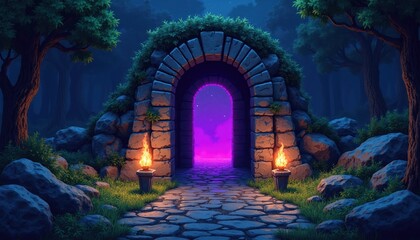 Fototapeta premium Stone archway entrance glows with purple light. Torches light path through forest. Ancient fantasy gate to new world. Mystery portal at night.