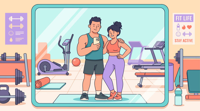 Celebrating National Selfie Day A fit and happy couple captures a cheerful mirror selfie, showcasing their active and healthy lifestyle after a dedicated gym workout