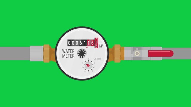 Industrial Water Meter and Valve Animation 4K Green Screen. Minimalist animation of a water meter connected to a pipe and shut-off valve. Operating and idle cycles