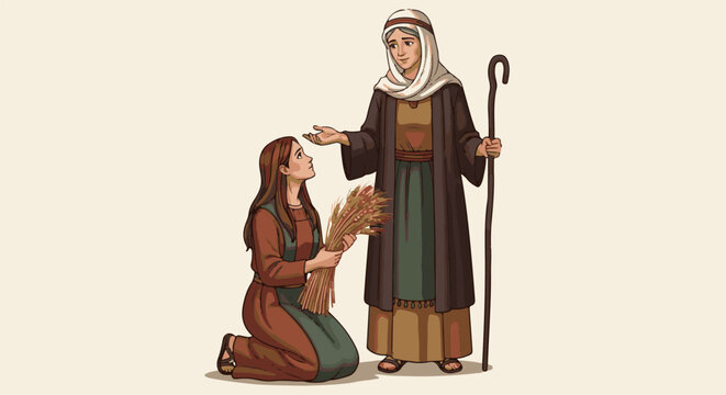 A woman kneels with wheat before another holding a shepherd's crook