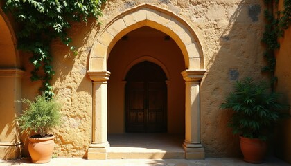 Fototapeta premium Old stone archway with large wooden doors stands in a Mediterranean courtyard. Potted plants flank entrance, green vines climb weathered wall. Sunlight creates dramatic shadows.