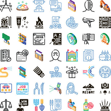 Variety of isometric and outline icons illustrating different professional concepts, recreational activities, healthcare, technology, and everyday elements across a digital grid