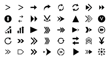 Fototapeta premium Versatile collection of modern black arrow icons, offering diverse directional and action symbols for user interface design, web development, mobile applications, and digital projects.