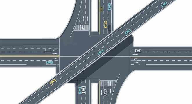Aerial view of a complex intersection with vehicles on elevated and ground-level roads