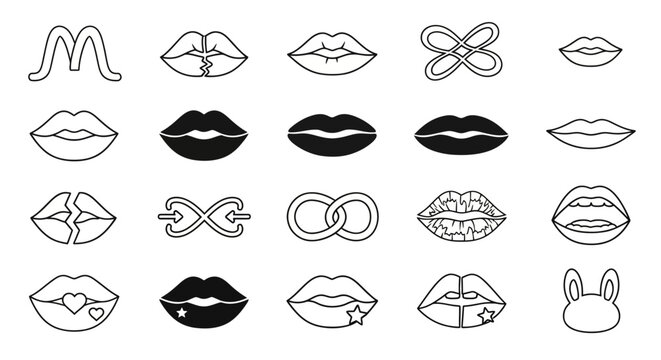Collection of abstract lip icons and graphic designs, including a variety of styles and artistic interpretations