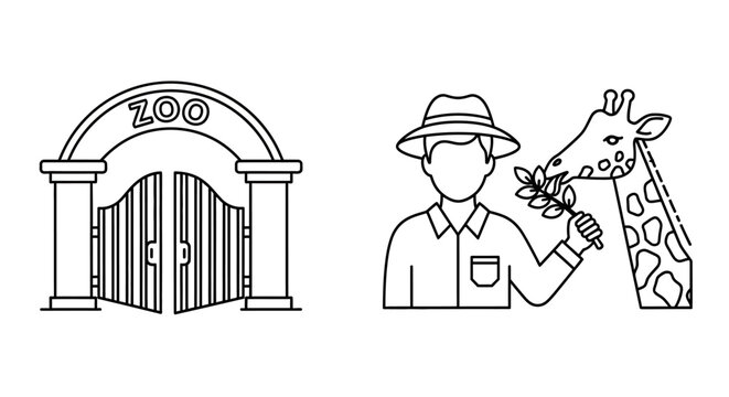 Minimalist line art vector illustration featuring a traditional zoo entrance gate alongside a person gently feeding a giraffe, capturing the essence of animal park visits and wildlife care
