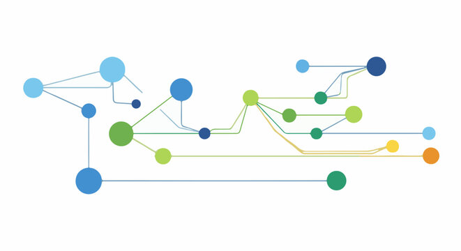 Abstract network of colored circles connected by lines and curves