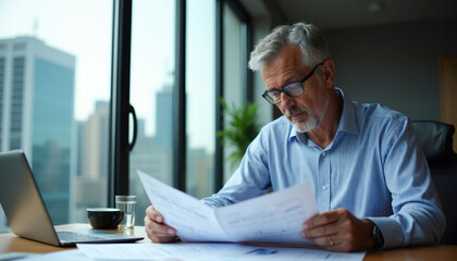 Fototapeta premium Mature businessman reviews papers at desk in modern office. Man with glasses examines financial reports near laptop and coffee. He works on business strategy planning.