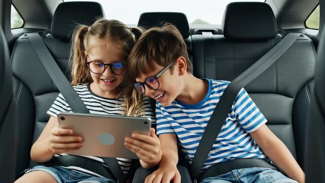 Two happy children wearing seatbelts and glasses, watching a tablet together in the back seat of a car.