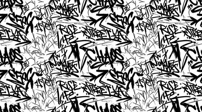 Graffiti street art depicting chaos fills the urban landscape with bold illustrations.