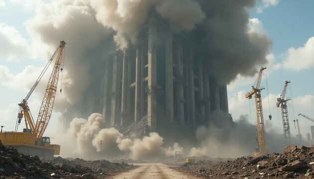Giant building collapses amid dust clouds. Construction cranes are active on site. Demolition creates massive debris field. Site is under active reconstruction or removal.