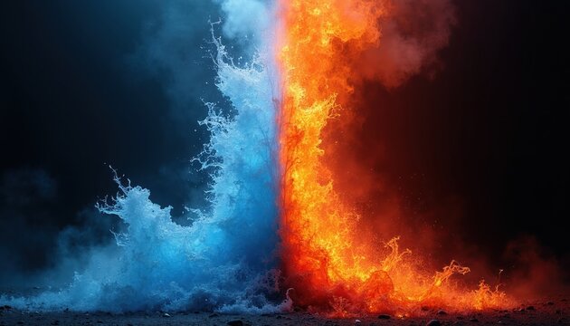 Fiery red flames clash with cool blue water splash. Dynamic abstract background with contrasting elements, representing hot and cold energy. Intense contrast on dark backdrop.