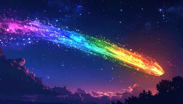 Vibrant Rainbow Comet Streaking Across a Starry Night Sky.