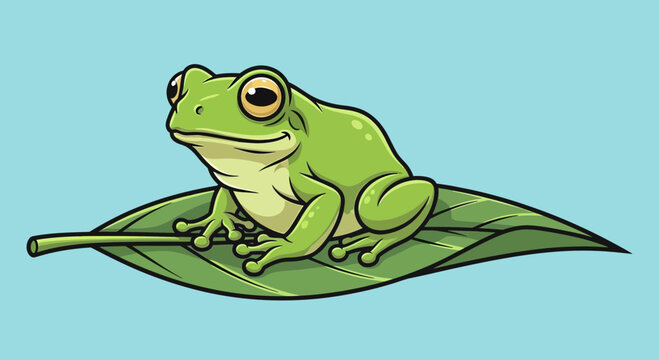 Green Frog Sitting on Leaf Alone.