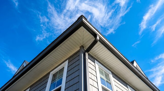 A modern residential building exterior featuring clean grey siding and a sharp roof corner captured in this bright sunny photograph.