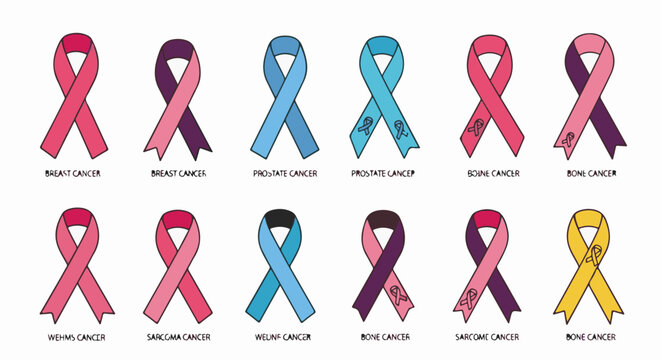 Assortment of colorful awareness ribbons each representing a different cancer type