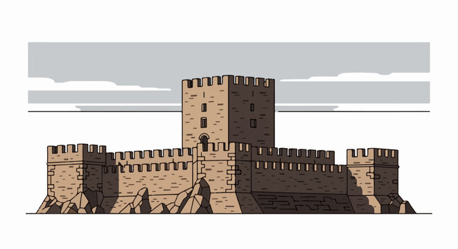 An illustrated medieval castle with crenellated walls and towers under a cloudy sky