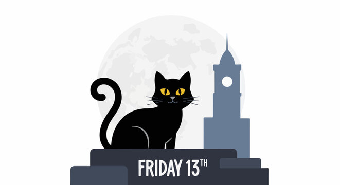 Black cat, moon, and tower graphic for Friday the 13th