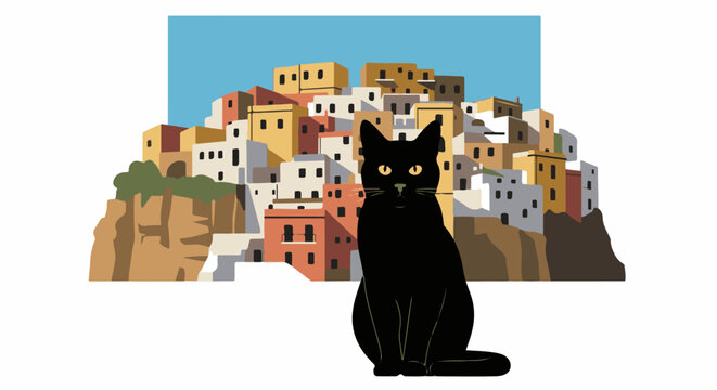 Black cat sits before a vibrant, cliffside village under a clear blue sky