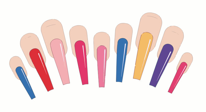 Array of colorful long coffin shaped nails on fingers