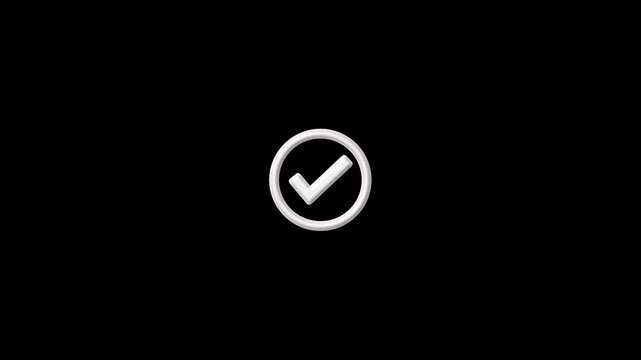 3D white checkmark inside a white circular border on a black background circle symbol