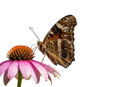 Brown and orange butterfly with eyespot patterns resting on a pink coneflower with water droplets against a black background