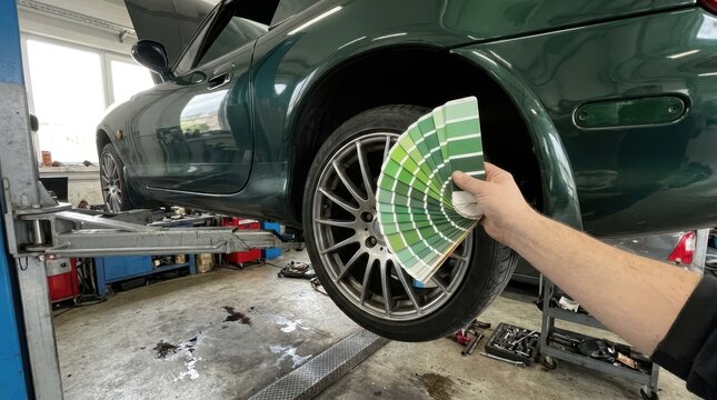 Painter using full color fan deck for color matching on bare metal vintage muscle car in restoration garage