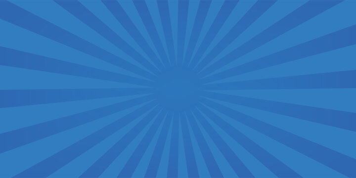 Abstract blue sunburst background with radial beams. Modern minimalist pop art design featuring retro comic rays, starburst pattern, and vibrant light space for copy text.