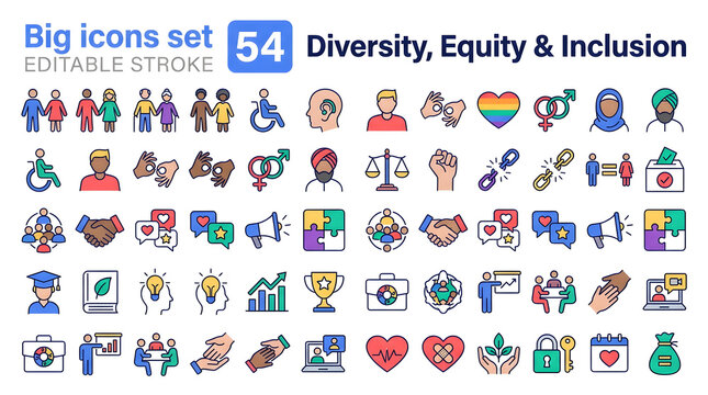 Diversity, Equity, and Inclusion Icons Set: A comprehensive collection of editable icons representing diversity, equity, and inclusion across various aspects of life and business.