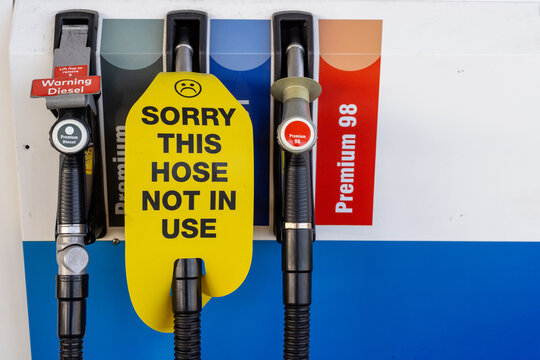 Fuel bowser for petrol and diesel showing sorry not in use sign because of fuel shortage