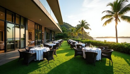 Fototapeta premium Outdoor dining tables set on green lawn near ocean at luxury resort. Palm trees line the coast. Evening sun shines on seaside restaurant patio. Vacation lifestyle scene.