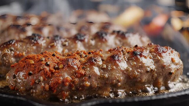 Delicious Kofta Kebabs Grilling Over Hot Coals with Smoke Rising.