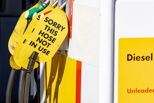Fuel bowser for petrol and diesel showing sorry not in use sign because of fuel shortage