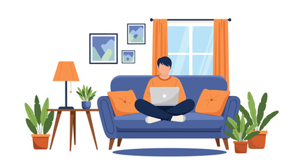 Fototapeta premium Freelancer working remotely on a laptop while sitting comfortably on a sofa in a cozy home living room surrounded by indoor plants.