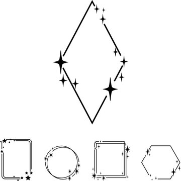Geometric frames featuring simple shapes including diamond, circle, and polygon, decorated with sparkling stars, perfect for decorative design elements