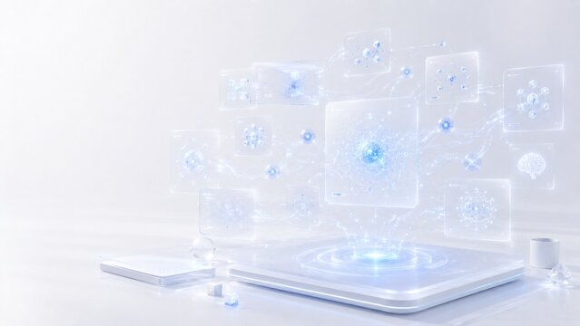 AI Research Workspace Concept with Holographic Knowledge Cards and Intelligent Search Flow Visualization