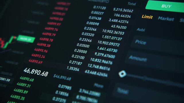 Digital cryptocurrency trading platform interface showing real time market data and price fluctuations.