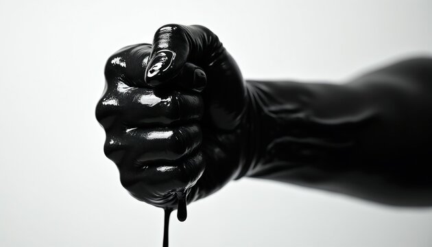 Fist covered in black oil drips. Hand gesture symbolizes industrial power, strength, resistance, and protest. Conceptual symbol of struggle and defiance against oppression.