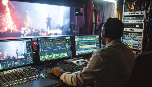 Skilled technician manages live concert media in a dark control room. Features professional audio mixing, video editing monitors, and broadcast equipment for highend event production.