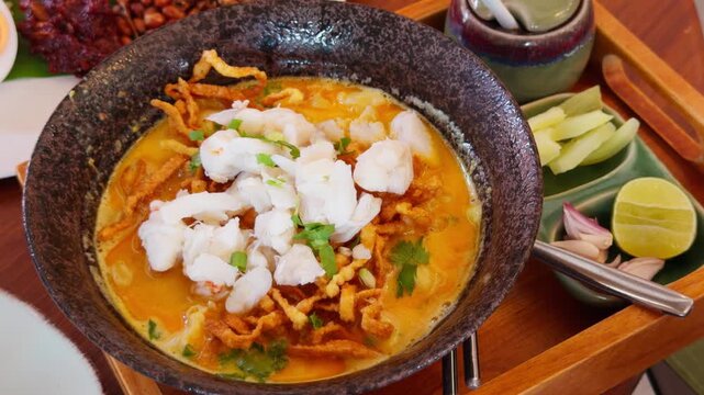 Premium Crab Khao Soi - Traditional Northern Thai Yellow Curry Noodles with Crab Meat, Cinematic Close-up Food Footage
