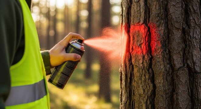 Forestry worker marks a tree trunk with red spray paint during outdoor trail maintenance in a sunlit forest