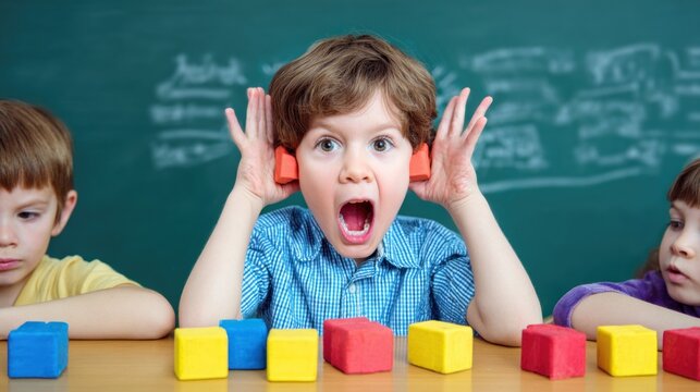 Child sits at desk with blocks, covers ears, and looks upset while two peers watch quietly