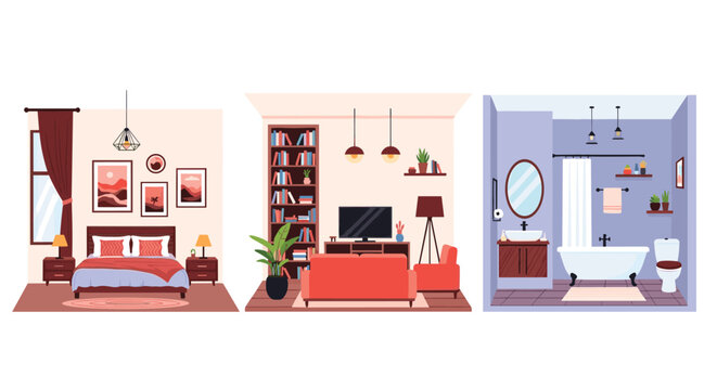 Set of three isometric room designs featuring a cozy bedroom, a modern living room, and a clean functional bathroom space.